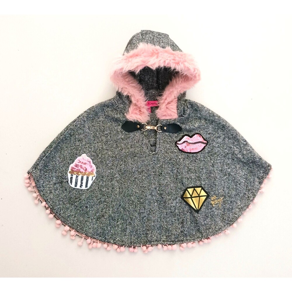 Betsey Johnson 2T Hoodie Poncho Blk/White Tweed Pink Faux Fur Hood Trim Pom Poms